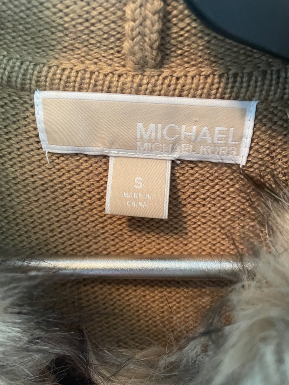 Michael Kors Camel Knit Toggle Cardigan with Faux-Fur Hood Trim - Picture 2 of 8